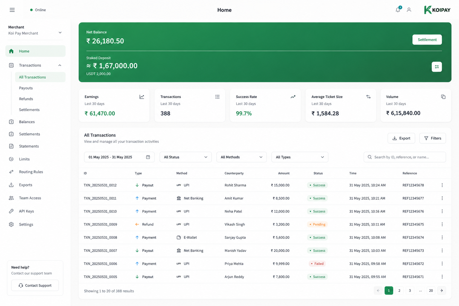 KoiPay Merchant Room dashboard — net balance, settlements, transactions and success rate